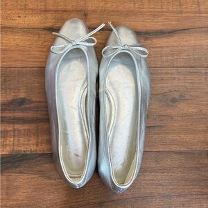 Zara Ballet Flats Silver Bow Detail leather Women's US 5.6/6 EU 36